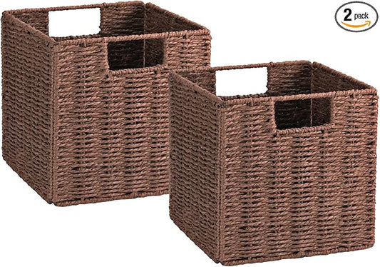 Vagusicc Wicker Storage Basket, Set of 2 Hand-Woven Storage Baskets for Shelves with Handles, Foldable Cube Storage Baskets Bins Organizer, 13 inch Large Wicker Baskets for Pantry Bedroom Decor, Brown by Vagusicc
