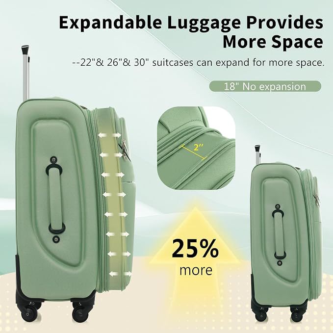 Merax 4 Piece Soft Luggage Set 18/22/26/30,Expandable Suitcase,Light Green | Suitcase Set with TSA Lock,Spinner Wheels,Telescopic Handle,Front Pocket,Lightweight Travel Luggage for Family Trips - Image 3