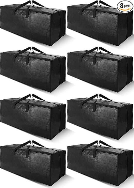 Cosy Family 8 Pack Heavy Duty Extra Large Moving Bags with Backpack Straps - Strong Handles & Zippers, Storage Totes For Space Saving, Fold Flat, Alternative to Moving Box (40 gal, Black) by Cosy+Family