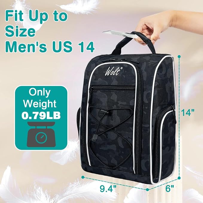 Wolt |Golf Shoe Bag for Travel- Zippered Shoes Carrier Bags with Ventilation & Double Outside Accessory Pocket for Socks, Tees, Golf Balls, Etc. for Women and Men (CamoBlack) - Image 2