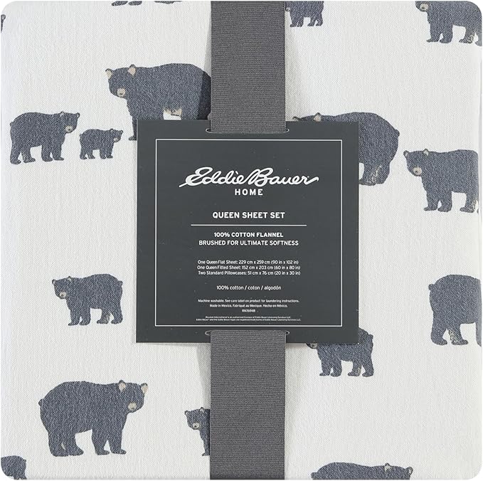 Eddie Bauer - Flannel Sheets Queen Size, Anti-Pilling & Wrinkle Resistant Cotton, Touchably Soft for All-Season Comfort - Bed Sheets with Matching Pillowcases & Fitted Sheet (Bear Family Grey)
