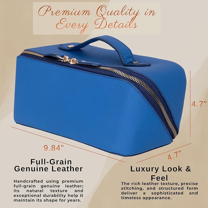 VENOULT Makeup Bag, Spacious Cosmetic Case for Women, Portable 180° Wide-Open Flat Cosmetic Bag, Travel Toiletry Organizer with Handle, Hanmdade, Full Grain Genuine Turkish Leather (Fun Blue) - Image 3