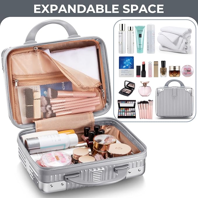 14 Inch Hard Shell Cosmetic Case, Mini Carrying Makeup Suitcase, Silver | Small Pressure-proof Hard Case Makeup Travel Case with Elastic Band ABS Carrying Suitcase, Mini Travel Hand Luggage Organizer - Image 5