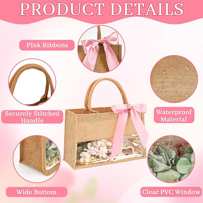 8 Pack Burlap Tote Bags with Clear PVC Window and Pink Ribbon DIY Bachelorette Bags Bridesmaids Gift Bag Reusable Grocery Bag with Handle for Wedding Engagement Beach Shower Party - Image 3