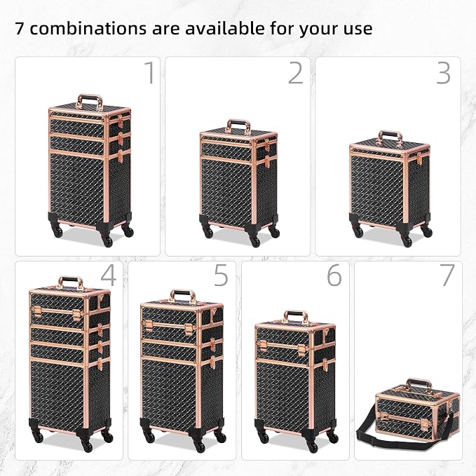 Somduy Rolling Makeup Case, Makeup Train Case with Lid, 5 in 1 Cosmetology Case on Wheels, Christmas Gift, Large Makeup Organizers, Profesional Cosmetic Case for Salon Barber, Black gold - Image 2
