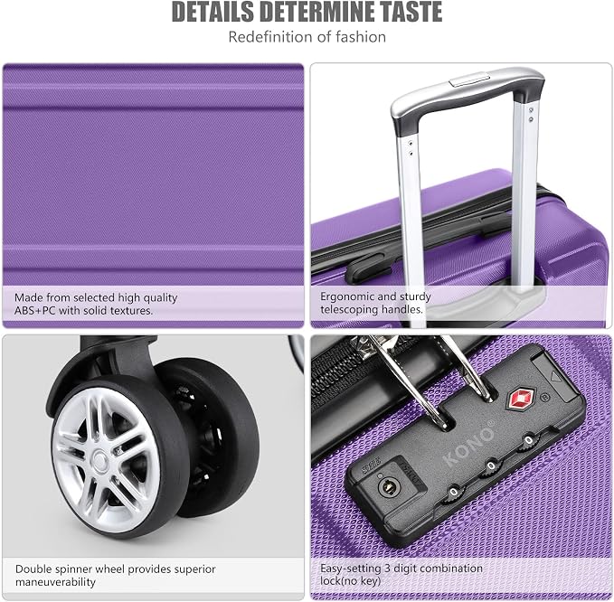 Kono Carry On Luggage Set Airline Approved with Spinner Wheels | Lightweight PC+ABS Carry On Suitcase with TSA Lock Durable Luggage Hardside Purple - Image 5