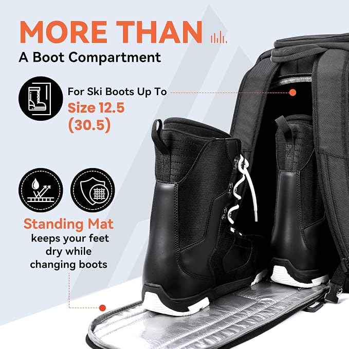 Hikenture Ski Boot Bag Backpack, 50L Padded Ski Bag & Snowboard Boot Bag with Drain Holes, Large Capacity Water-Resistant Ski Travel Bag for Ski Boots, Helmet, Goggles, Clothes, Gloves, Snowboard Gear - Image 3