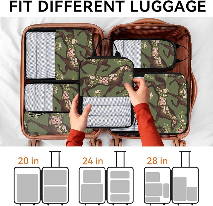 Floral Horse 6 Set Compression Packing Cubes for Travel Luggage Carry On Suitcase Compressible Expandable Packing Cubes Organizers Bag - Image 7