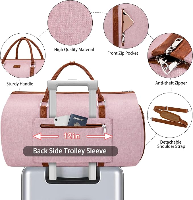 Convertible Garment Duffle Bags for Travel - Carry On Garment Bags With Toiletry Bag, Large Weekender Bags for Women Men 2 in 1 Hanging Suitcase Suit Travel Duffel Bags (2pcs Set, Pink) - Image 4