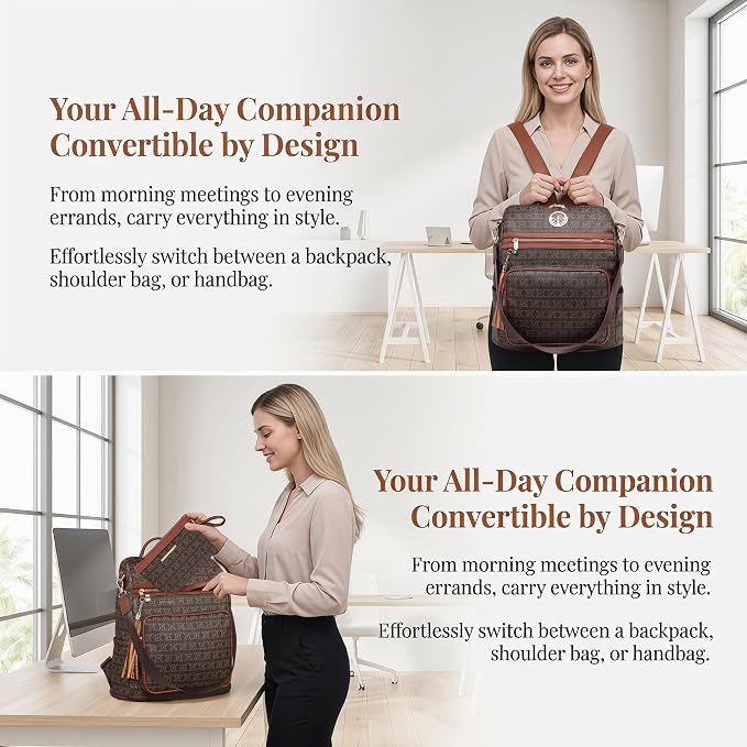 JULIE FERRARO Women Convertible Backpack Purse, Large PU Leather Travel Backpack with Multi Pockets, Shoulder Handbag Set with Wristlet for Work, Travel & Daily Use - Image 5