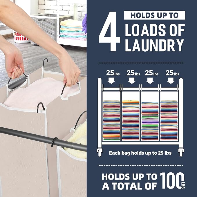 STO STO Laundry Sorter 4 Section, 4 Bag Clothes Hamper, Rolling Laundry Cart Basket with Heavy Duty Lockable Wheels and Removable Bag for Laundry Room, Bedroom, Closet, Beige - Image 4