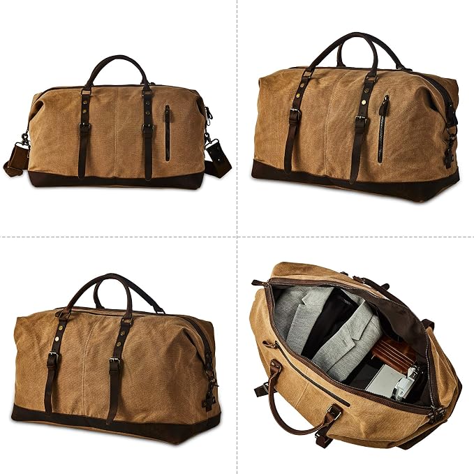 Oversized Washed Canvas Duffel Bag for Men | Large canvas weekender for men with genuine leather trim, adjustable strap and roomy storage for overnight and road trips - Image 3