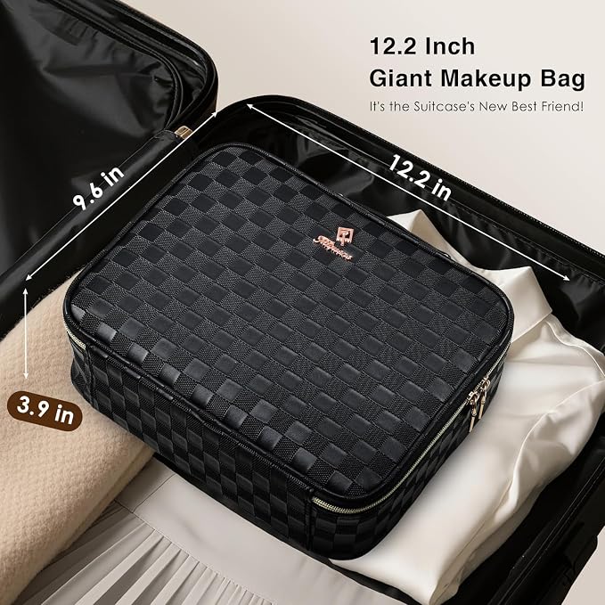 Faquenc Makeup Bag with LED Lighted Mirror 12.2 IN Travel Makeup Bag Adjustable Brightness in 3 Colors Cosmetic Organizer Artist Storage Bag with Dividers Brush Holder Bag Vanity Black Checkerboard - Image 5