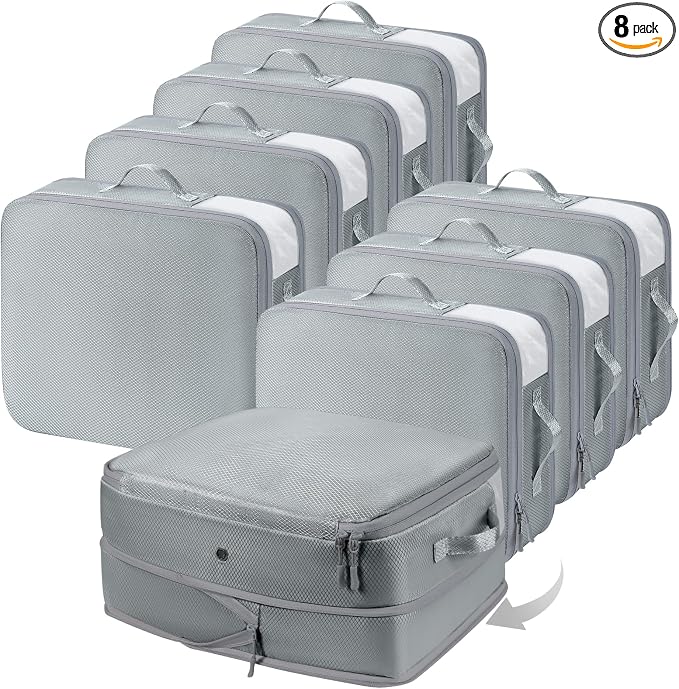 DIMJ Compression Storage Bags 8 Pack, 19L Clothes Storage Organizer for Blanket, Sweater, Closet, Sheet Storage Organizer Compression Packing Cubes for Sheet Bedding Toys Storage with Zipper(Gray) by DiMJ