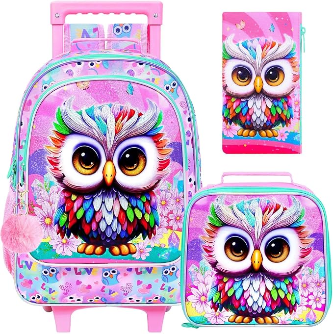 HPJGD 3PCS Owl Rolling Backpack for Girls, Kids School Backpacks with Wheels, Water Resistant UV Printed Roller Wheeled Bookbag Set by HPJGD