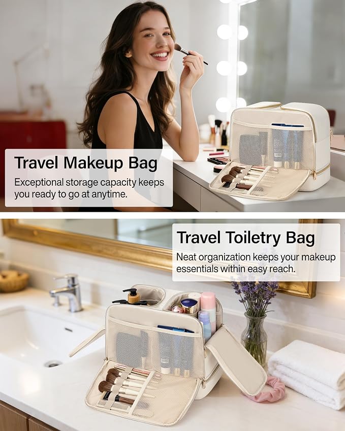 Hanke Travel Toiletry Bag, Lightweight Wide-open Large Toiletry Bags for Women, Dual-Layer Makeup Bag Water-Resistant Cosmetic Travel Bag with Handle for Accessories, Essentials, Off White - Image 9