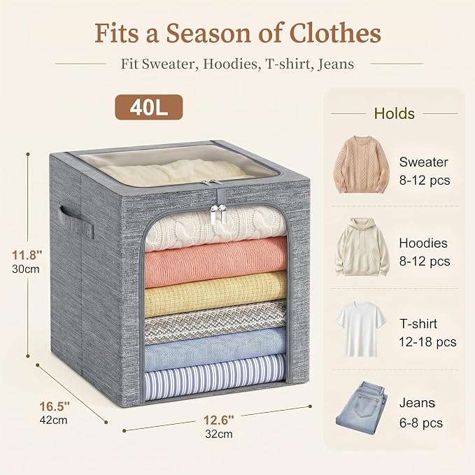 GoMaihe Clothes Storage Bin with Metal Frame: 6-Pack Stackable Closet Storage Bin with Lid & Clear Window, Sweater Boxes Storage for Closet Bedding Clothing Storage Organizer 40L - Image 3
