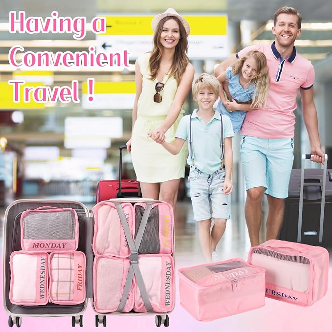 Days of Week Packing Cubes Summer Camp Essentials Weekly Organizer Storage Bag School Clothes for Travel Kids Family(9x7x3inch,Pink,15) - Image 5