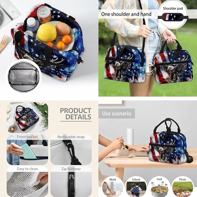 American Flag Eagle Star Backpack Bookbag with Front Pocket Kids Preschool Elementary Bookbag with Lunch Box Pencil Case Set of 3Pcs Daypack Sackpack Blue - Image 3