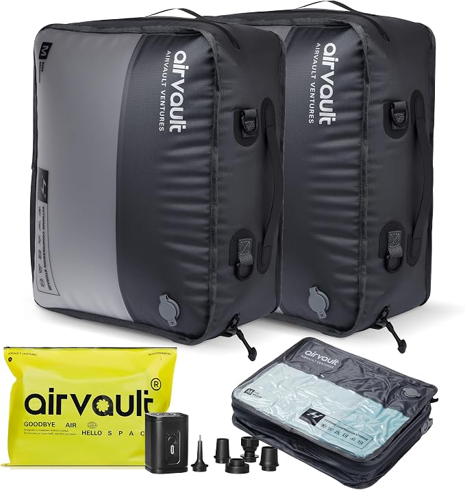 AirVault Reusable Vacuum Compression Travel Bag for Carry-On Suitcase and Backpack, Recycled IPX8 Waterproof Space Saver Vacpack (18L (21L (2-Pack)) by AirVault