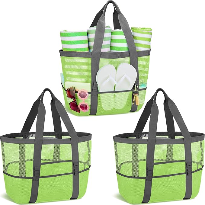 Hillban Large Beach Mesh Bags Bulk for Women Beach Tote Bag with 8 Pocket Zipper Waterproof Sandproof for Pool Cruise Ship by Hillban
