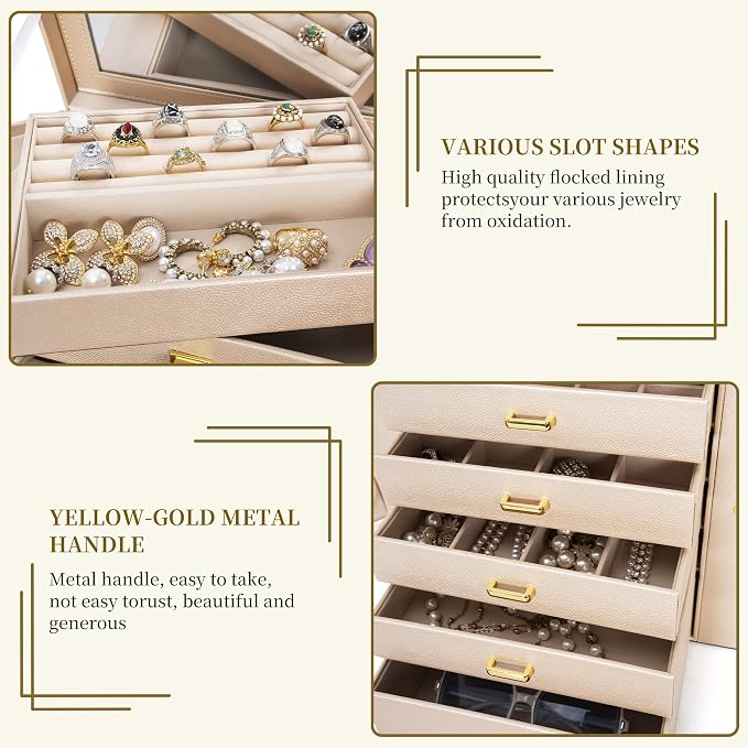 AKOZLIN 6-Tier Jewelry Box Organizer Functional 5 Drawers Leather Jewelry Storage Case for Women Girls Ring Necklace Earring Bracelet Holder Organizer with Mirror Extra Large Champagne - Image 3