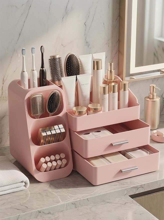 Booklov Large Makeup Organizer for Vanity and Bathroom Countertop, Pink | Plastic Cosmetic Display Case with Drawers, Beauty Brush Holder for Dresser Counter Skin Care Eyeshadow Lipstick Storage - Image 4