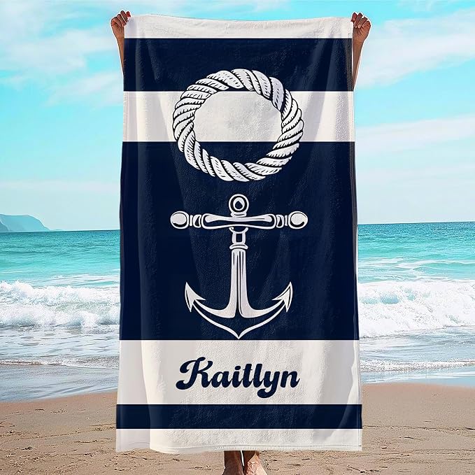 JML Personalized Beach Towel with Name, Custom Anchor Beach Towel, Customized Microfiber Pool Towel, Quick Dry & Absorbent Swim Towel for Adult,Mother's Day, Birthday, Summer Holiday,Vacation by JML