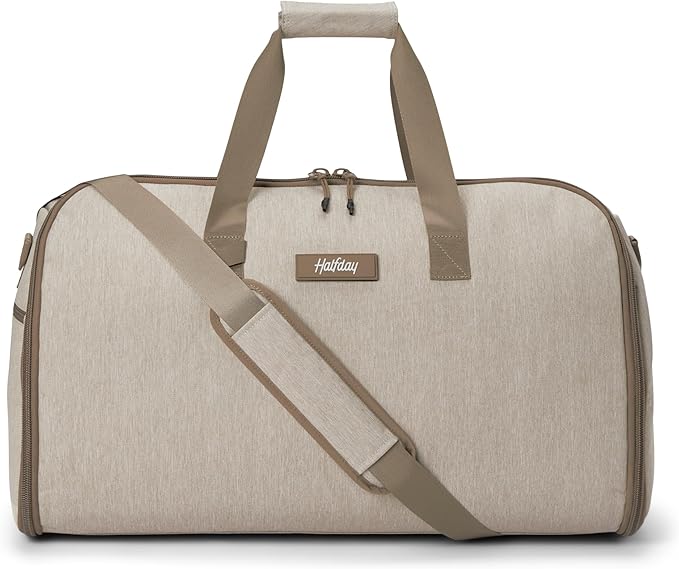 Halfday Convertible 2-in-1 Garment Duffel Weekender Bag 45L: Wrinkle-Free Travel (Hanging Suit Compartment, Shoe Pockets, Trolley Sleeve), Durable & Water-Resistant Carry-on, Stone by HalfdayTravel