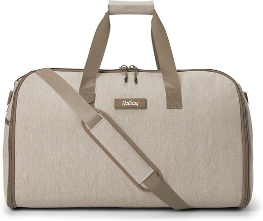 Halfday Convertible 2-in-1 Garment Duffel Weekender Bag 45L: Wrinkle-Free Travel (Hanging Suit Compartment, Shoe Pockets, Trolley Sleeve), Durable & Water-Resistant Carry-on, Stone by HalfdayTravel