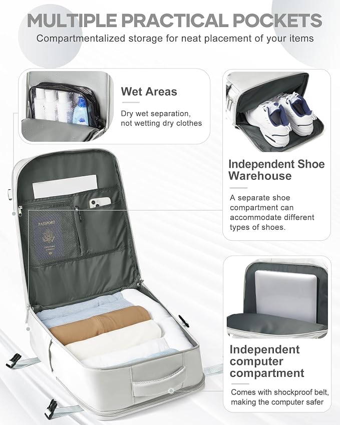 coowoz Large Travel Backpack Carry On for Women Man Gym Backpacks with Laptop Compartment Mochila de Viaje Teacher Personal Item Backpack Rucksack Airplane Accessories Must Haves Grey - Image 4