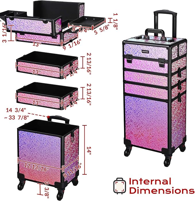 BYOOTIQUE 4in1 Cosmetology Case on Wheels w/Cosmetic Storage Makeup Artist | Aluminum Rolling Makeup Suitcase 360° Detachable Wheel Lockable Makeup Case Organizer w/ Mirror Nail Tech Mermaid Pink - Image 5