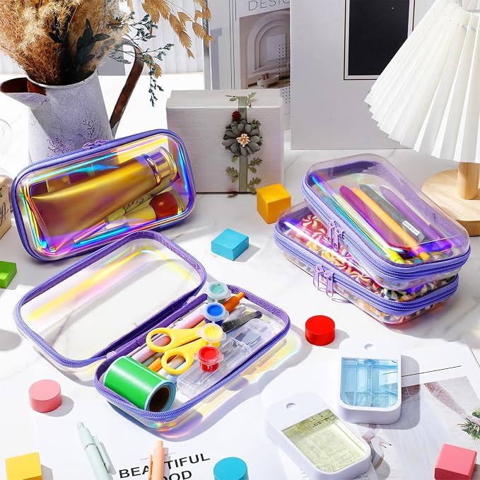Hoolerry 4 Pcs Hard Clear Zipper Case Makeup Bags Plastic Zipper Pouch Transparent Storage Box Containers for Cosmetics, Snacks, Building Blocks, Puzzles(Clear,7.5 x 3.9 x 2 in,Purple Laser) - Image 6