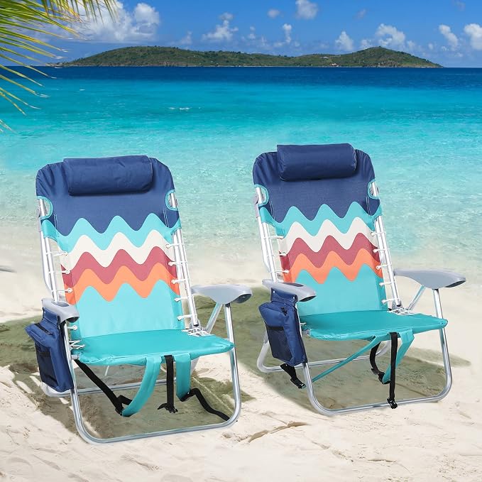 LET'S CAMP Backpack Beach Chair Set of 2, 4-Position Classic Lay Flat, Pillow and Padded Shoulder Straps, Storage Pouch and Towel Bar, Support 350LBS, Wave by LETSCAMP