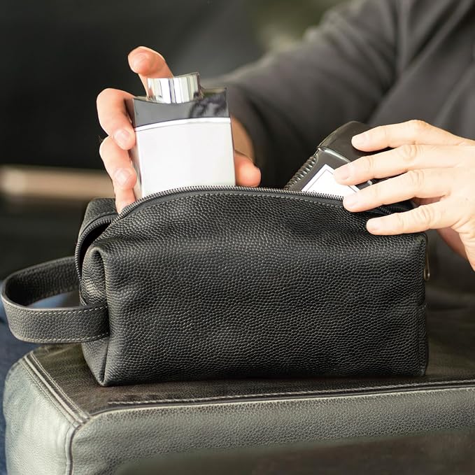 Leather Toiletry Bag for Men – Water Resistant Travel Dopp Kit - Premium Full Grain Leather Cosmetic Case- Perfect Gifts for Him - Mens Toiletry Bag (Black) - Image 3