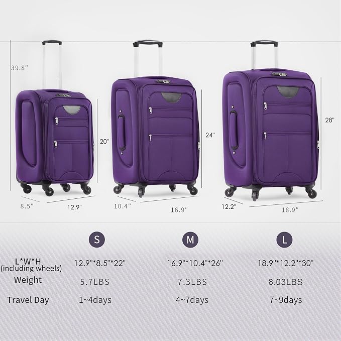 Merax Luggage Set, Softside Suitcase 3 Piece, Expandable Lightweight | Luggage Sets with Duffel Bag 22" 26" 30" Suitcase with Wheels TSA Lock,Purple - Image 2