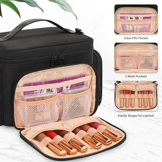 Bagmoly Makeup Bag, Portable Large Travel Makeup Bag Organizer for Women Girls with Makeup Brush Compartment, Cosmetic Travel Bag Vertical Storage Toiletry Bag - Black with Shoulder Strap - Image 5