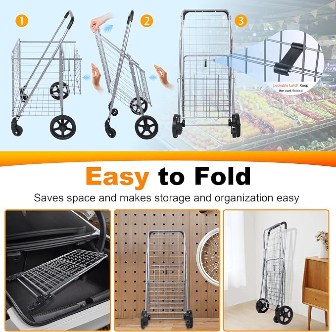 Whitmor Utility Folding Shopping Cart, 115L Heavy Duty Grocery Cart with Double Basket, 360° Swivel Wheels, Foldable Rolling Utility Trolley, 110 Lbs Capacity for Grocery, Laundry, Travel, Sliver - Image 6
