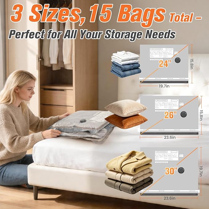 18 Pack Vacuum Storage Bags for Travel with Rechargeable Cordless Pump, Space Saver Bags for Clothes, Compression Packing Bags for Luggage and Suitcase, 18 Combo Size - Image 5