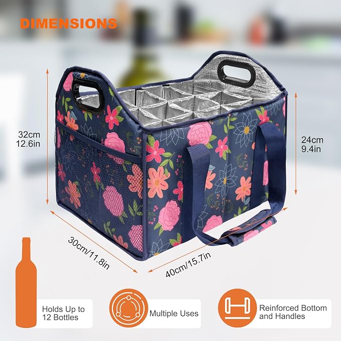 12 Bottle Wine Carrier Collapsible Bottle Caddy with Handles Storage Box for Travel Picnics Weddings Shopping Wine Tasting (Blue Floral) - Image 3