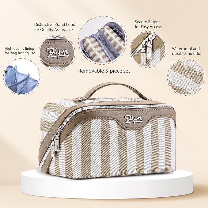 BOYATU Travel Makeup Bag Cosmetic Bag for Women: 3 Pcs Set Striped Make up Bag with Compartment - Waterproof Vegan Leather Toiletry Bag with Handle - Makeup Organizer for Travel Essential(A-6-Apricot) - Image 3