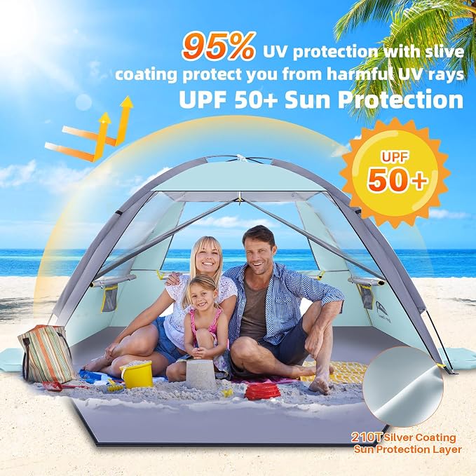 Happy Travel Beach Tent, UPF 50+ UV Protection Sun Shade Shelter for 3/4/5/6/7/8 Person, Portable Beach Canopy for Family & Baby, Lightweight & Easy Setup Beach Cabana with 3 Ventilation Mesh Windows - Image 4