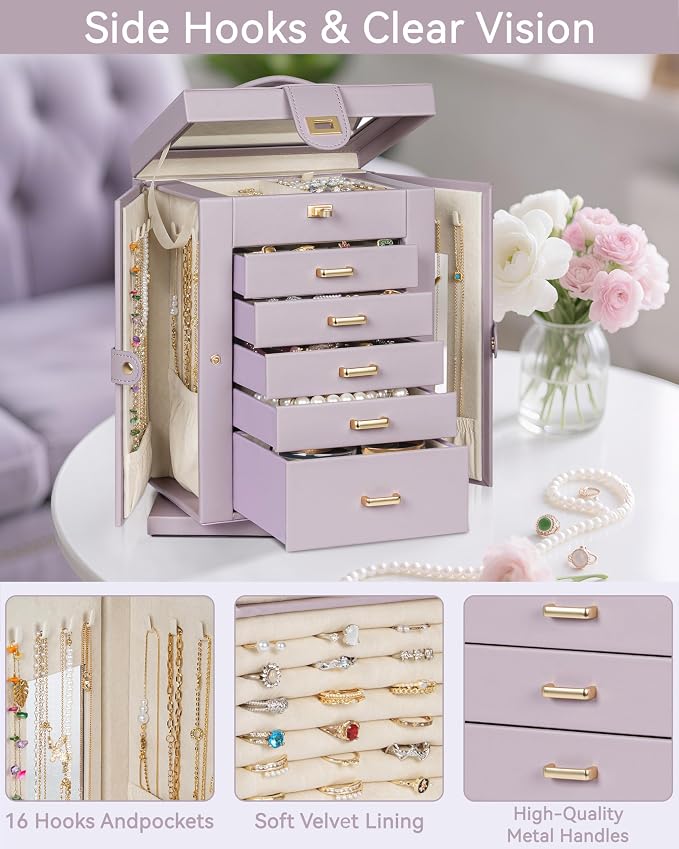 AKOZLIN 6-Tier Jewelry Box Organizer Functional 5 Drawers Leather Jewelry Storage Case for Women Girls Ring Necklace Earring Bracelet Holder Organizer with Mirror Purple 360° Rotating - Image 6