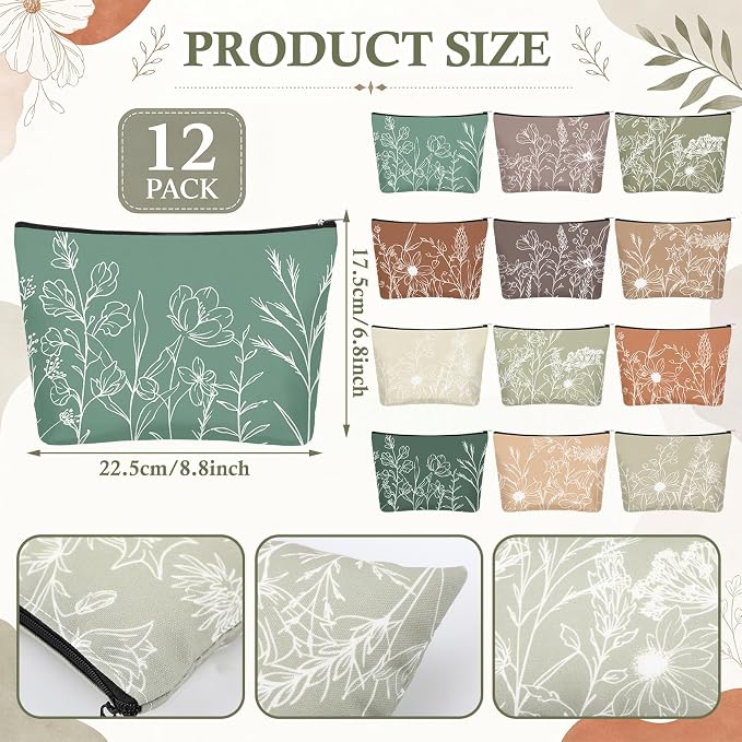 Sweetude 12 Pcs Boho Line Flowers Makeup Bag Bulk Boho Gifts Portable Travel Cosmetic Bags with Zipper Retro Floral Waterproof Portable Roomy Travel Toiletry Organizer Storage Beauty Pouch for Women - Image 3
