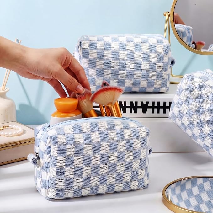 Gilprop 8 Pcs Checkered Makeup Bag for Purse Small Cosmetic Pouch Bulk Portable Zipper Makeup Pouch Travel Toiletry Organizer Gifts for Women Bridesmaid Wedding Party Favors (Blue) - Image 3
