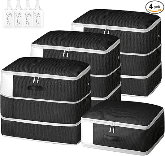 Comforter Storage Bag - Large Capacity Blanket Storage Bags 3-Layer Ultra Space Saving Self Compression Organizer, Washable Compression Bags for Storage Comforter Blanket, 4-Pack, Black by EasortmPackingCubes