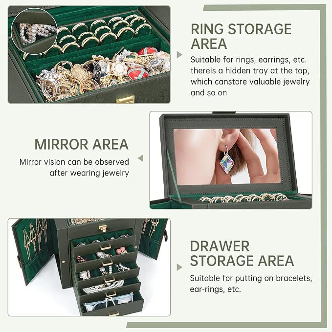 AKOZLIN 6-Tier Jewelry Box Organizer Functional 5 Drawers Leather Jewelry Storage Case for Women Girls Ring Necklace Earring Bracelet Holder Organizer with Mirror Medium Dark Green - Image 8