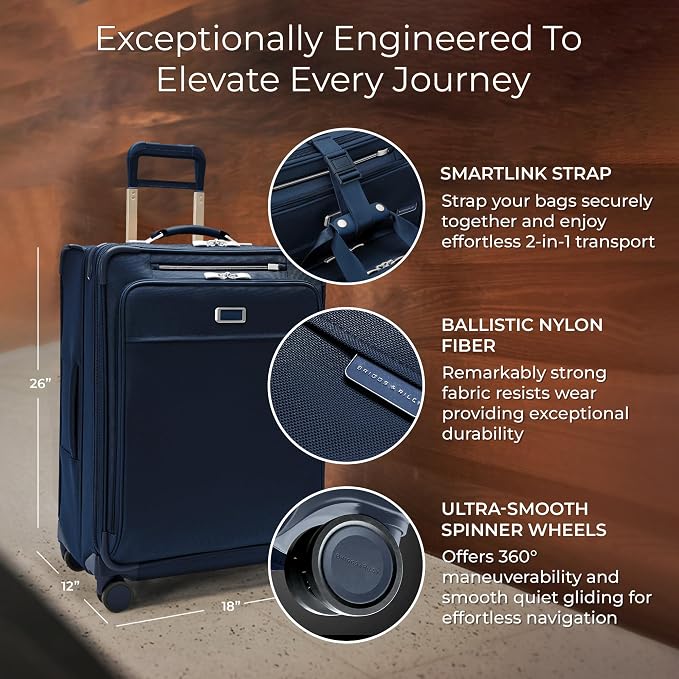 Briggs & Riley 26" Medium Expandable Spinner - Checked Luggage for Travel, Suitcases with Wheels, Softside Rolling Bag for Men & Women, Self-Repairing Zipper - Baseline Collection, Navy - Image 2