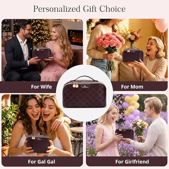 Travel Makeup Bags for Women: 3 Pcs Set Luxury Bow Print Make up Bag - Large Capacity Cute Cosmetic Case - 3–15 Day Travel Toiletry Organizer Bag, Comes with An Gift Box(Coffee brown) - Image 5