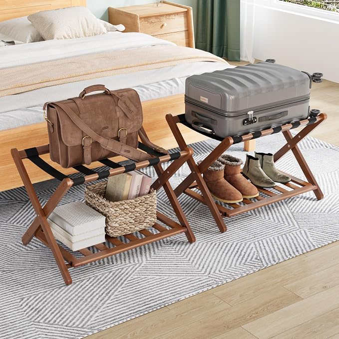 Smuxee Fully Assembled Walnut Luggage Racks Pack of 2, Upgraded Bamboo Foldable Suitcase Stand with 5 Nylon Straps, Luggage Holder with Shelf for Guest Room Bedroom Hotel by Smuxee